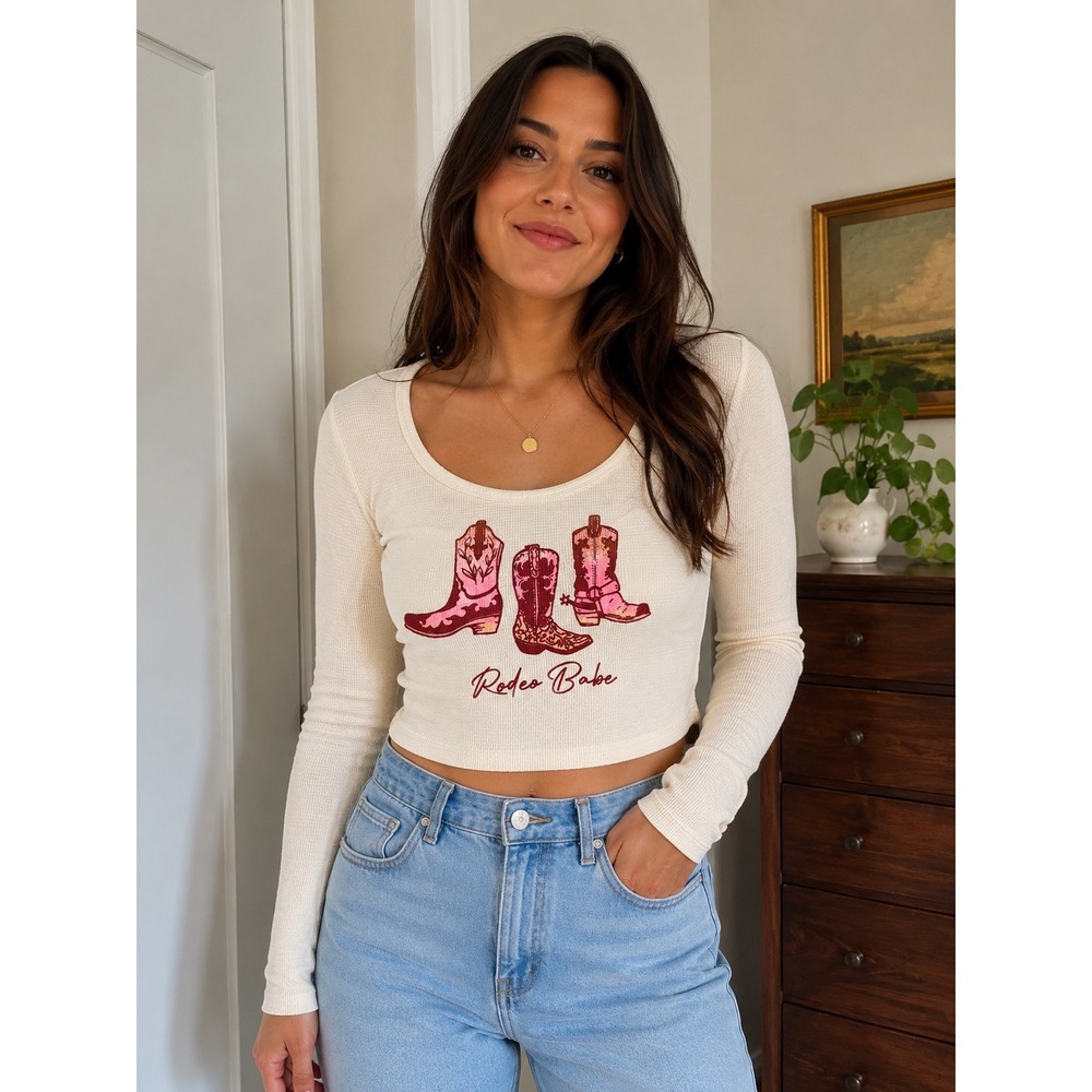 Stitch & Pine Rodeo Babe Waffle Knit Crop Top Cream Long Sleeve J18870RJPP